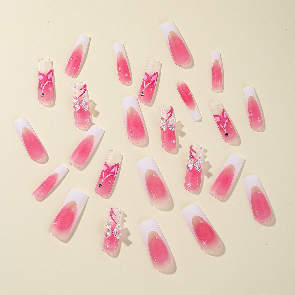 Bow Pearl Rhinestone Press-On Nails – Long French Tip Set