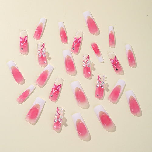 Bow Pearl Rhinestone Press-On Nails – Long French Tip Set