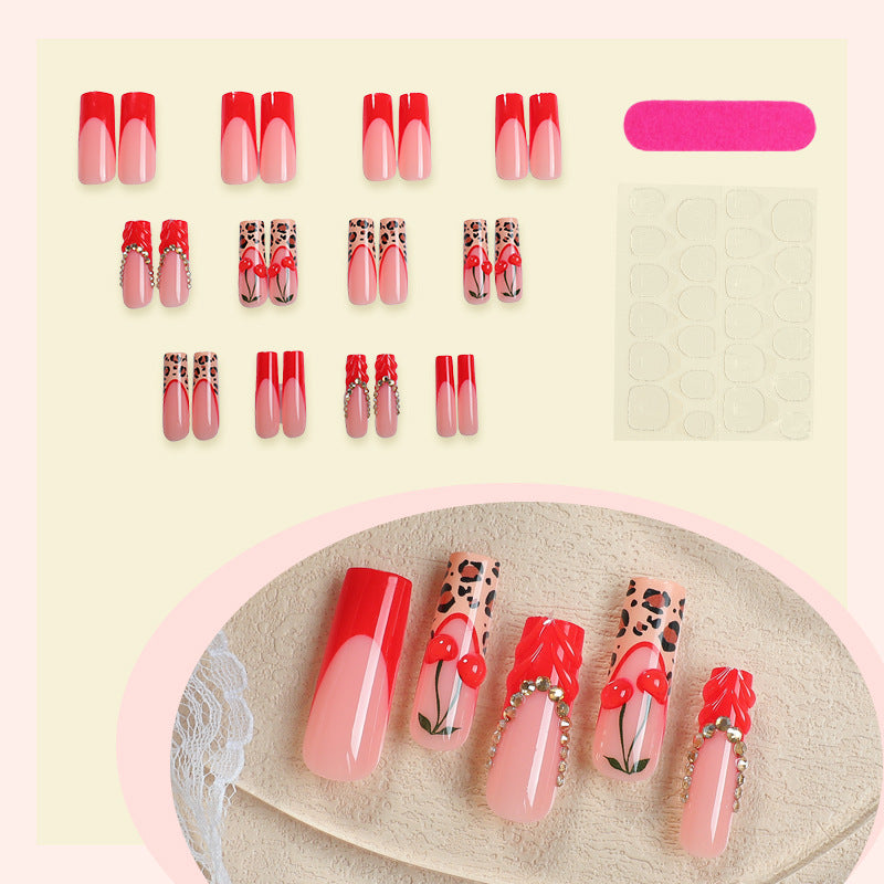 Wearable Nails – Red Leopard Print French Tip Set