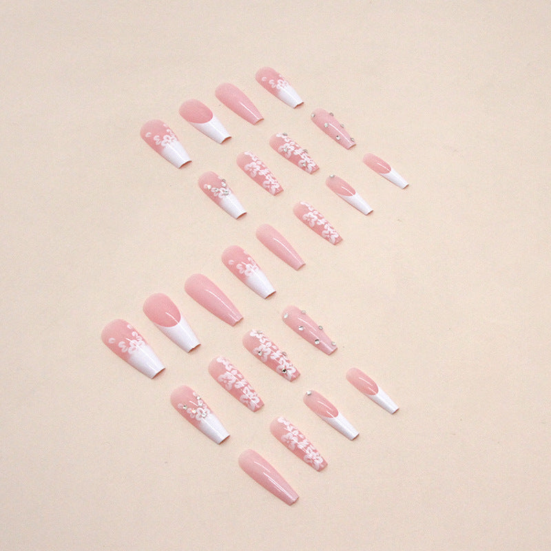 Diamond Flower Ballet Nails – Long French Press-On Set