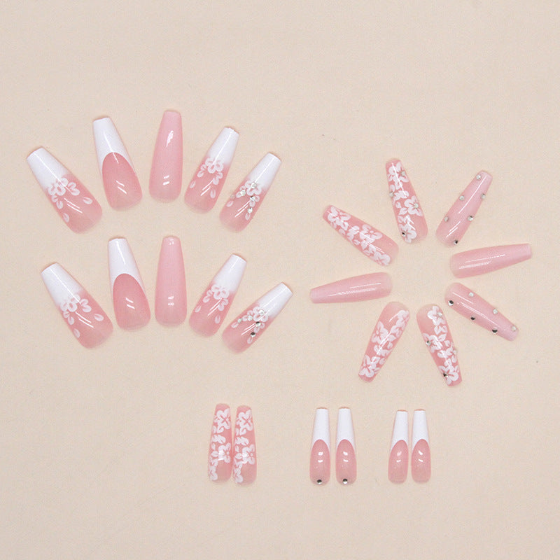 Diamond Flower Ballet Nails – Long French Press-On Set
