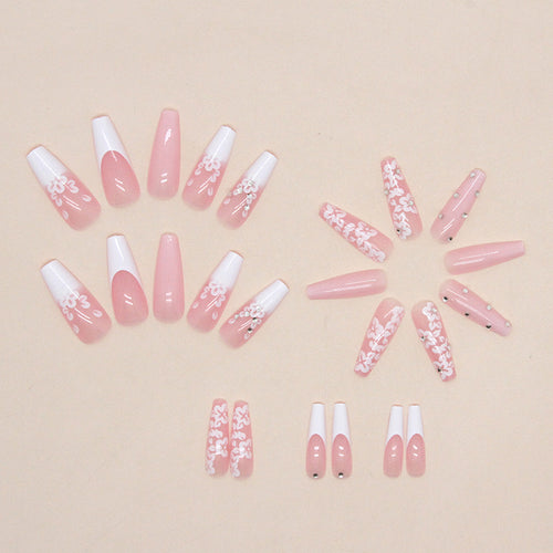 Diamond Flower Ballet Nails – Long French Press-On Set